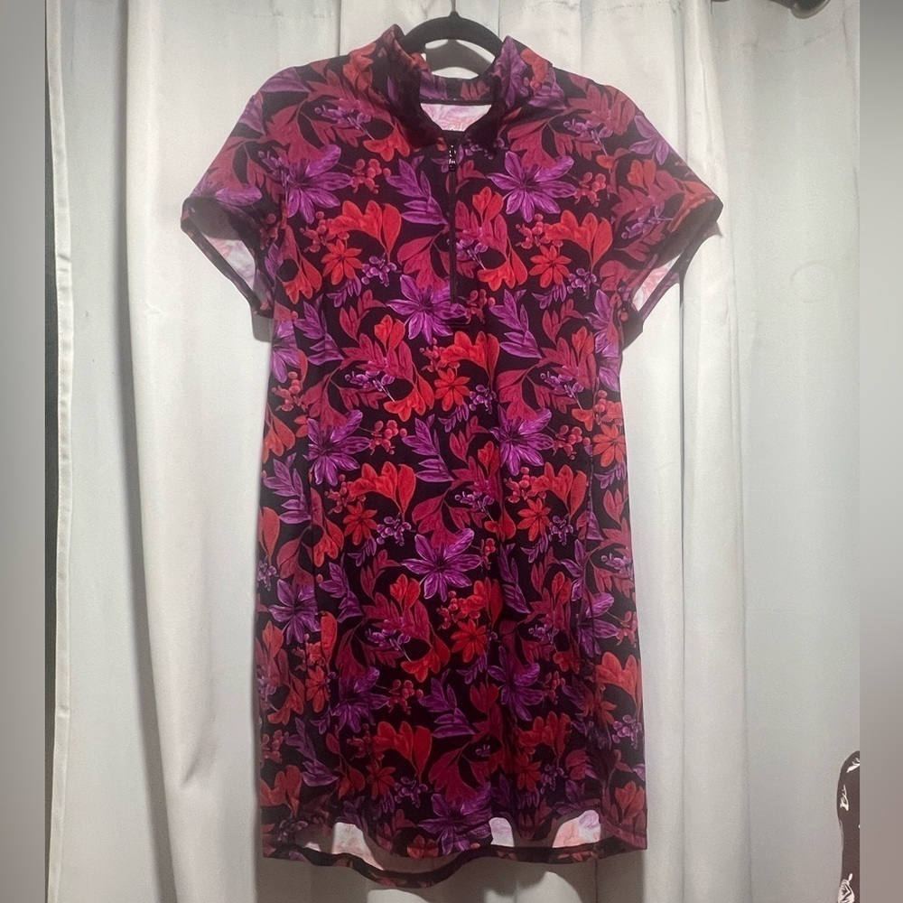 Tommy Bahama Red and Pink Sheath Dress with Mandarin Collar - Picture 2 of 6
